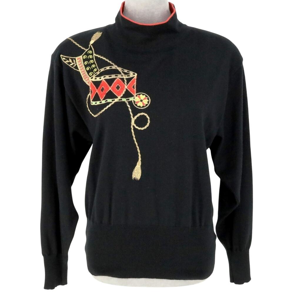 Laurel Escada Sweater Womens 8 US 36 EU Black Wool Embroidered Shoulder Pads Vtg